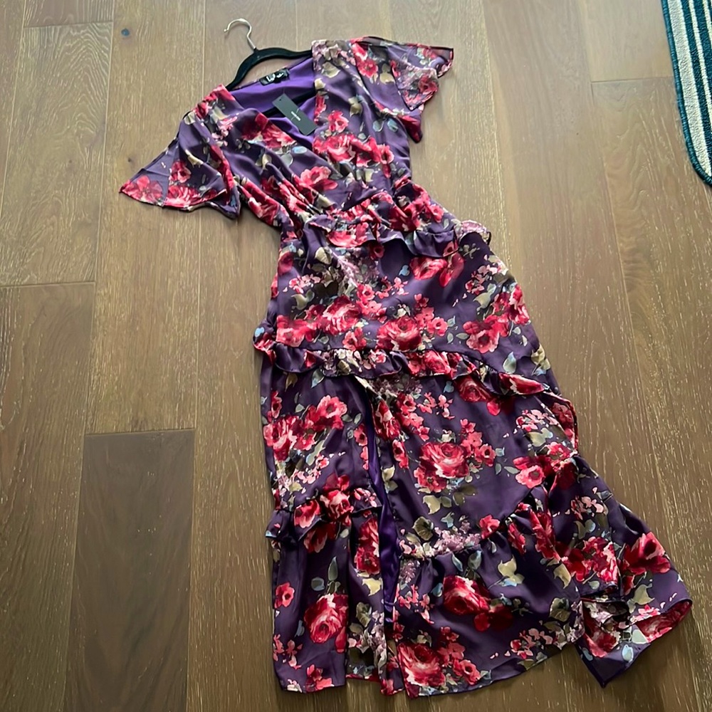 NWT Lulus violet Floral ruffles Maxi Dress, sz S